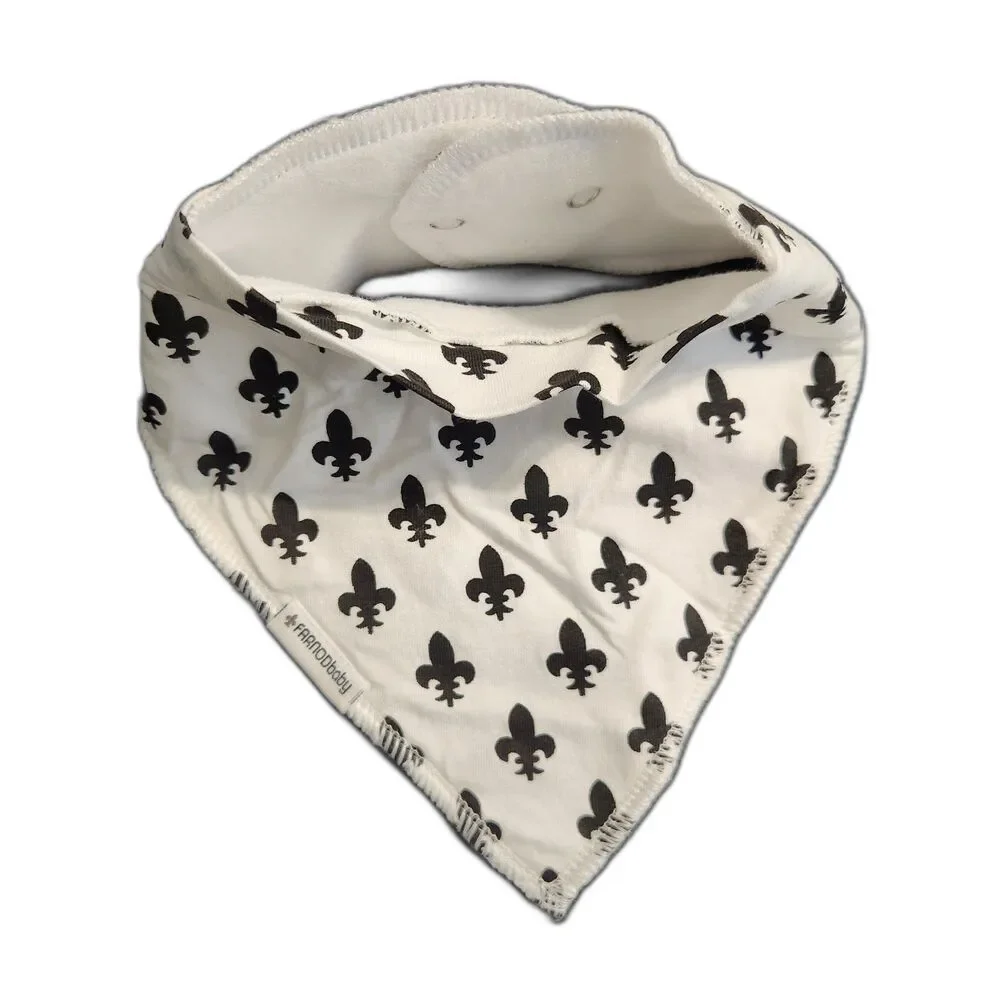 Black & White Fleur-de-Lis Bandana Baby Drool Bib – 100% Cotton, Snap Closure